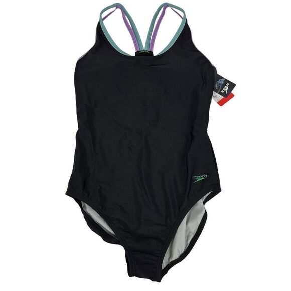 Speedo Women's Double Strap Racerback One Piece Swimsuit size 8 Black NEW - Picture 3 of 9